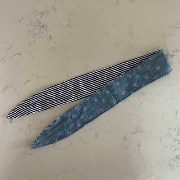 Upcycle Reversible Hair Tie Stripes & Denim Print Blue White Cream Sz OS - Picture 2 of 5
